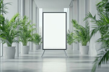 Aufkleber - A long hallway lined with potted plants leading to a door.