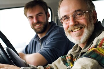 Sticker - Two men sitting in a vehicle with a steering wheel, ideal for use as a background or illustration.