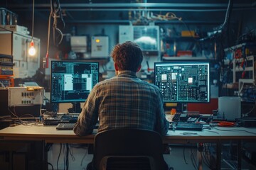 Poster - Man sitting at desk with two computer monitors, possibly working or studying.