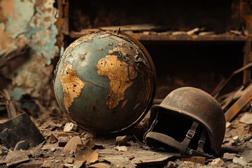 Canvas Print - A damaged building with debris and a helmet and globe amidst the wreckage.