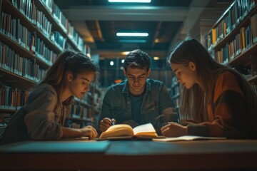 Sticker - Group of friends working on laptops and books in a quiet library setting.