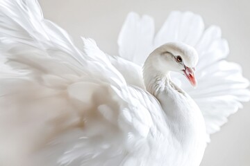 Wall Mural - A majestic white swan spreads its wings wide, showcasing its beautiful feathers and elegant pose.