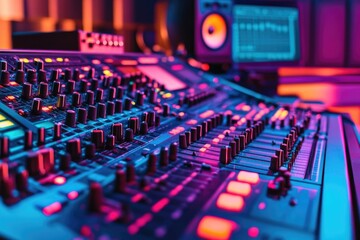 Poster - A close-up shot of a mixing board in a recording studio, ideal for music-related projects and designs.