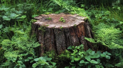 Poster - A close-up of a broken tree stump, surrounded by lush green foliage, showcasing nature resilience and the beauty