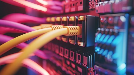 Fototapete - A close-up of brightly colored LAN cables plugged into a modern server in a secure, high-tech data room, representing efficient network