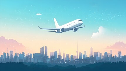 Stylized of an airplane flying over a modern cityscape with skyscrapers high rise buildings and an urban skyline  The image has a clean