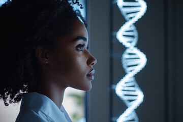 Poster - A scientist looks out the window from her laboratory setting.
