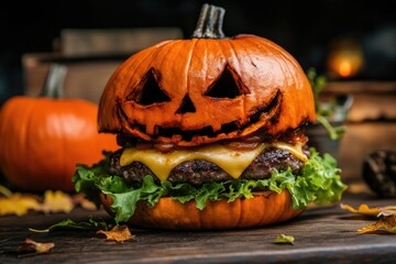 Poster - A hamburger with a pumpkin carved into a smiling jack-o-lantern face, perfect for Halloween or fall-themed illustrations.