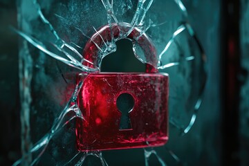Aufkleber - A broken glass door with a red lock on it, isolated on a plain background.