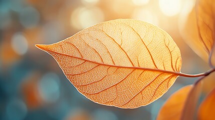 Poster - A close-up of a shimmering golden leaf with delicate veins, illuminated by soft sunlight, showcasing nature's intricate beauty.