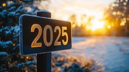 Modern sign displaying the year 2025, elegantly designed, softly blurred greenery in the background, contemporary aesthetic, forward-looking theme