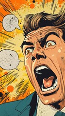 A dramatic cartoon illustration of a man shouting, featuring an explosive background and speech bubbles for dynamic effect.