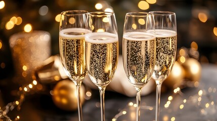 Poster - Luxurious Champagne themed New Year s Eve Party with Golden Bubbles and Sparkling Glasses  Festive setting with dazzling lights iridescent reflections and a lavish opulent atmosphere