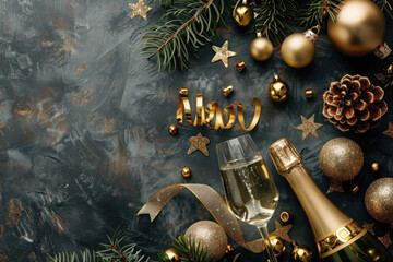 Canvas Print - Christmas background with champagne and decorations.