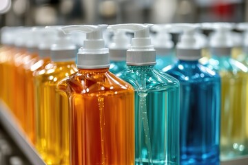 Aufkleber - A row of glass bottles on a conveyor belt, ready for packaging or transportation.