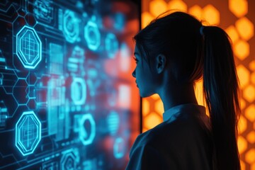 Poster - A person standing in front of a large screen, possibly watching something or waiting for a signal.