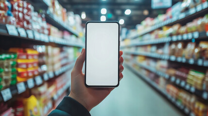 Hand holding a blank-screen mobile phone with a blurred background of supermarket shelves