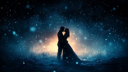 Wall Mural - silhouette of a couple embracing in the snow, with falling snow and a warm light in the background.