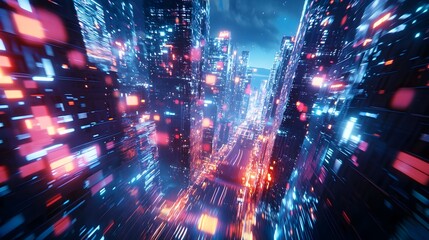 Poster - Dazzling cityscape filled with towering skyscrapers neon lights and dynamic motion effects creating an energetic and immersive backdrop for competitive gaming or eSports tournaments  The futuristic
