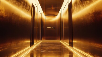 Fototapete - A modern elevator with golden hues, polished metal surfaces, and soft lighting, radiating luxury and sophistication