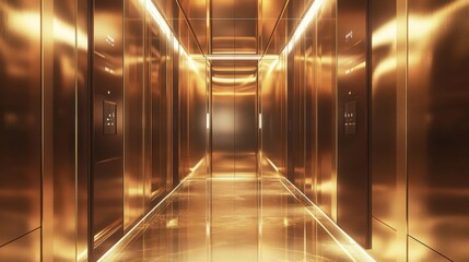 Fototapete - A modern elevator with golden hues, polished metal surfaces, and soft lighting, radiating luxury and sophistication