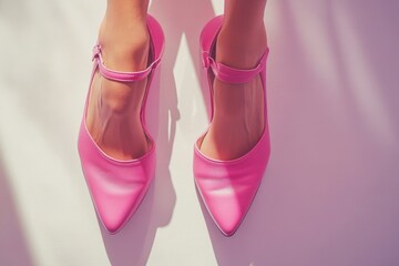 Poster - A close-up view of a person's feet wearing bright pink shoes.