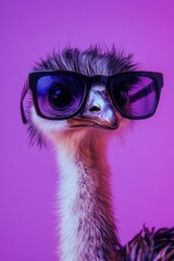 Aufkleber - A cartoon ostrich wearing trendy sunglasses on a bright pink background, perfect for use in advertisements or social media posts.
