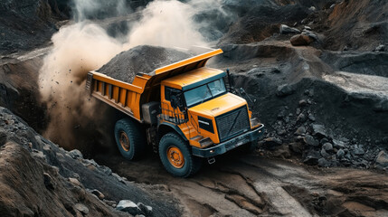 Poster - Large yellow dump truck transporting dirt and rocks in a quarry. Dust cloud rising as the truck navigates through rugged terrain surrounded by rocky slopes.