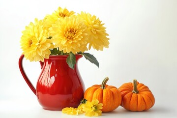 Poster - A still life arrangement of yellow flowers, small pumpkins, and a red vase.