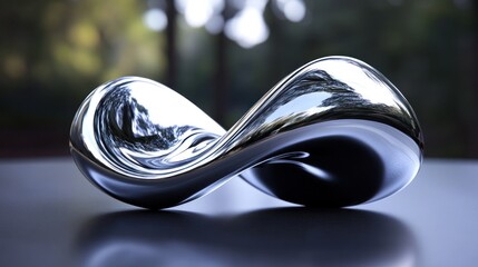 Poster - A sleek, metallic sculpture with a flowing, infinity-like shape reflecting light.
