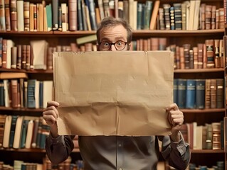 Poster - Thoughtful Librarian Holding a Blank Cardboard Sign in a Quiet Library Surrounded by Bookshelves