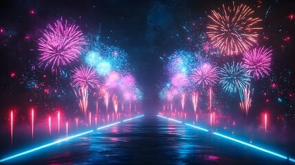 Poster - Stunning Neon Themed Fireworks Display with Vibrant Lights Glowing Colors and Futuristic Designs Celebrating the New Year