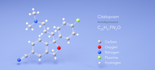 Sticker - citalopram molecule, molecular structure, antidepressant, 3d model, Structural Chemical Formula and Atoms with Color Coding