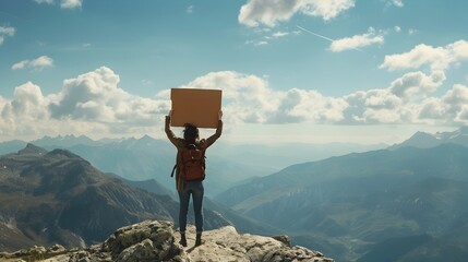 Poster - Person Holding Cardboard Sign on Mountaintop Celebrating Triumph and with Scenic Vista