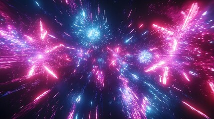 Poster - Dazzling Neon New Year Fireworks Display with Futuristic   Vibrant Colorful and Glowing Lights in the Night Sky for a Vibrant and Energetic Holiday Event