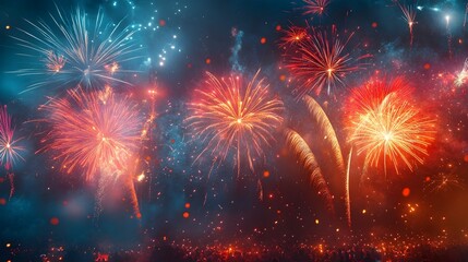 Poster - Dazzling Fireworks Display Celebrating Joyful New Year 2025 with Glowing Skies and Excited Crowds Rejoicing in the New Year s Arrival with Vibrant Colors Sparkling Lights and Palpable