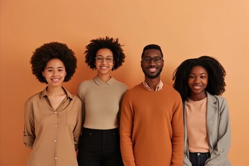 Canvas Print - Group of happy african american young people standing together isolated over orange background