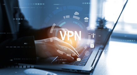 Poster - VPN(Virtual Private Network) secure connection.Remote server private internet network to protect privacy personal data.Digital connection between computer and a remote server owned VPN provider.