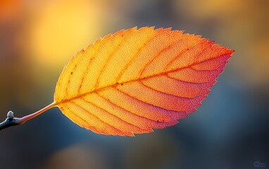 Poster - A close-up of a vibrant, dew-covered orange leaf, highlighting its intricate veins against a softly blurred background.