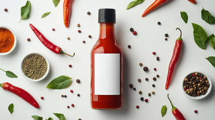 a hot sauce bottle with a white label mockup