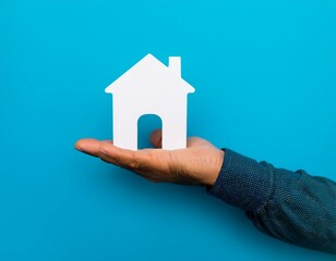 Man's hand holding a White House Icon on a flat Light Blue Background, representing home, security, and real estate concepts - Generative AI