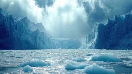 A stunning view of a sea blue glacier meeting the ocean, with intricate ice formations and water movement under soft sunlight.