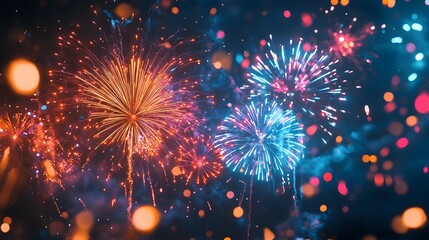 Poster - Neon Themed Futuristic New Year Fireworks with Vibrant Glowing Lights and Dazzling Displays  Colorful abstract and fireworks show with luminous iridescent