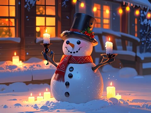 snowman in winter with a background of Christmas celebrations in night mode.