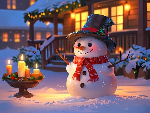 snowman in winter with a background of Christmas celebrations in night mode.