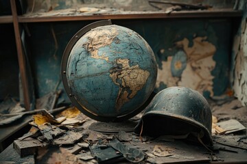 Poster - A helmet and a globe sit together on the grassy ground, ready for adventure.