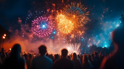 Poster - Dazzling fireworks with vibrant colors and twinkling lights burst across the night sky creating a mesmerizing display for an excited crowd celebrating the New Year festival