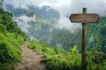 Poster - A wooden sign on the side of a dirt road, providing directions or information.