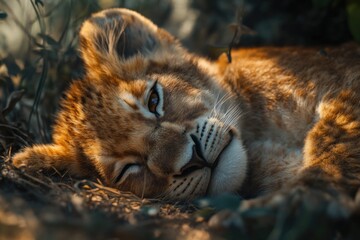 Aufkleber - A lion resting on the ground, one informative phrase about what pictured on image and a one phrase with a short advice of where may be used this picture.