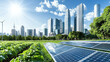 © A-TiMe  - Urban landscape with solar panels, skyscrapers, and green fields under a bright blue sky.
